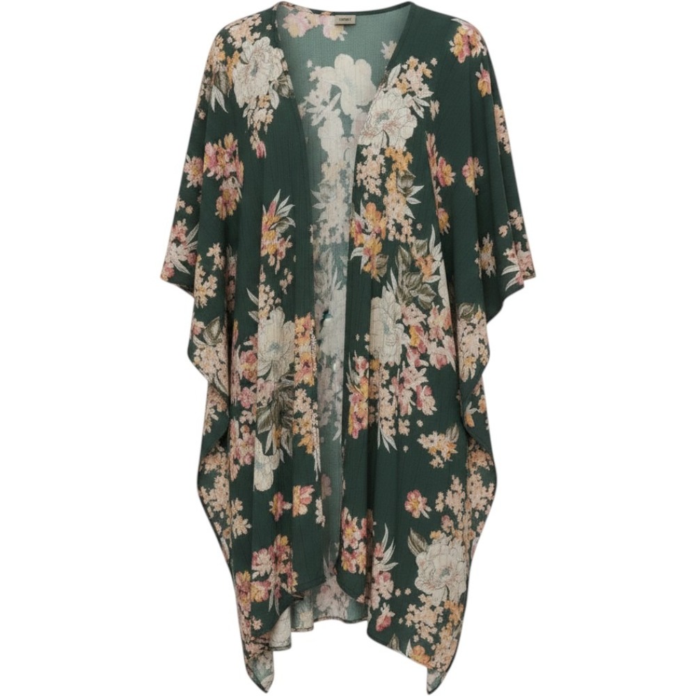 Gypsy Love Green Floral Kimono Wrap Open Front Boho Rayon OS Green Oversized